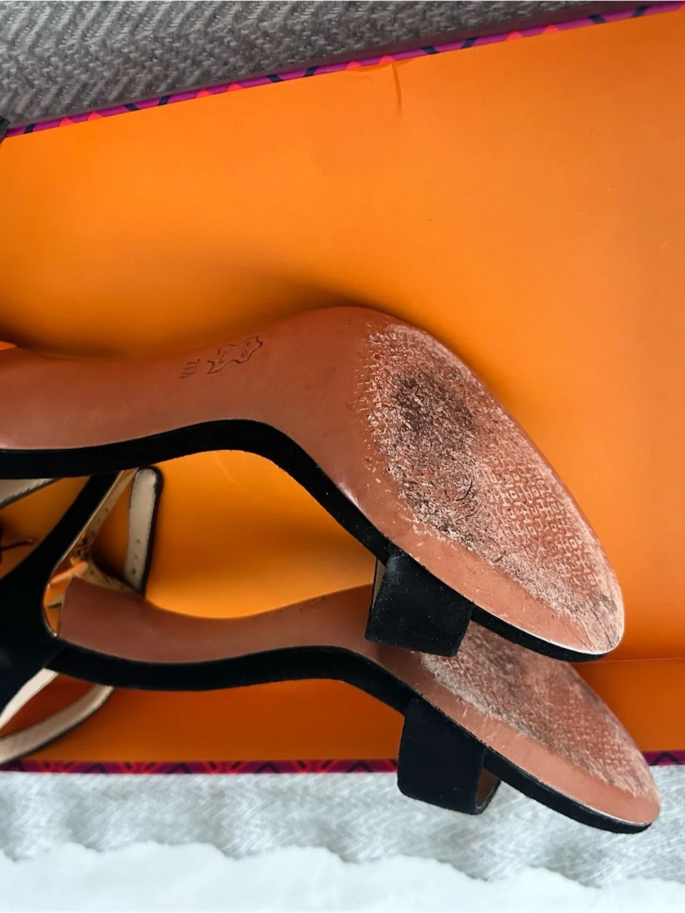 Tory Burch Black and Beige Suede Ankle Strap Heels